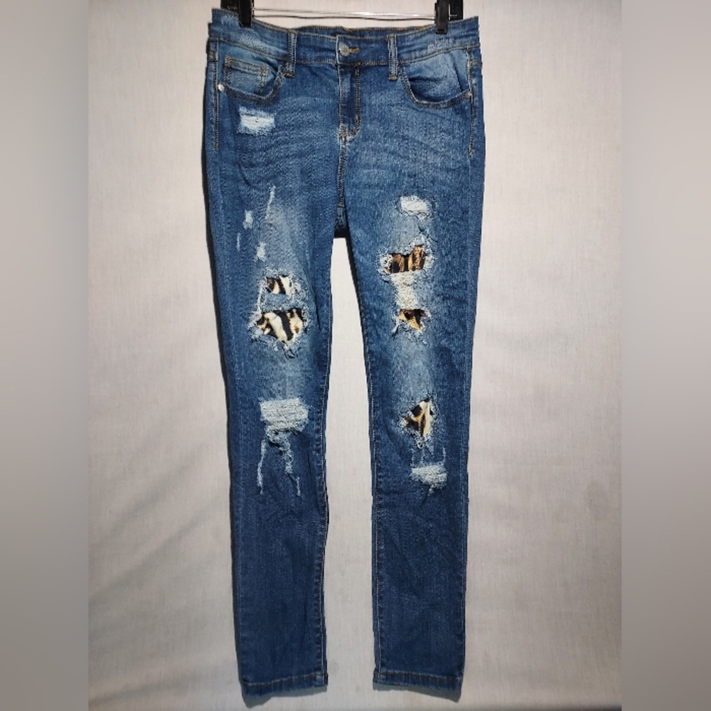 Distressed Blue Women's Skinny Jeans with Leopard Patch Accents
